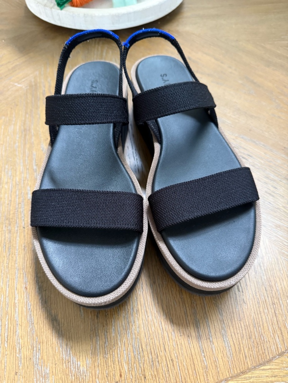 Rothy's Black Wedge/Platform Elastic Strap Sandals with Tan Trim